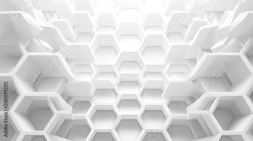 Abstract architectural background featuring white three dimensional hexagonal cells arranged in a repeating pattern with bright soft studio lighting effects