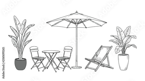 Foto Minimalist patio furniture vector set, outdoor garden cafe table and chairs with