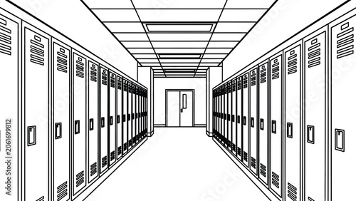 Quadro su tela Long school hallway with rows of lockers a black and white architectural perspec