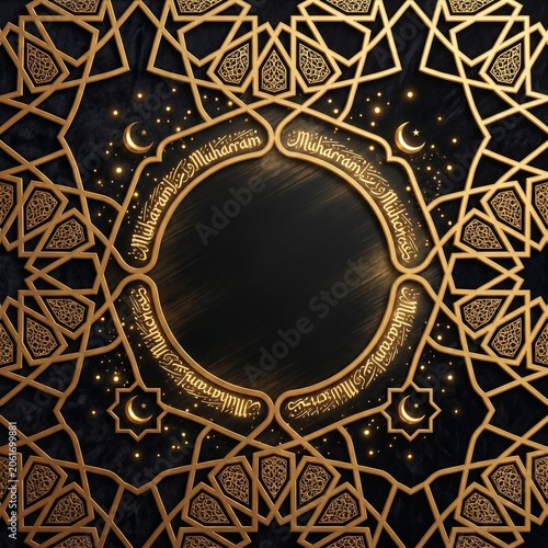 Luxurious Islamic geometric pattern background, black and gold color palette, elegant Arabic ornament design, glowing golden particles, premium Muharram theme, sophisticated Islamic art, clean copy sp