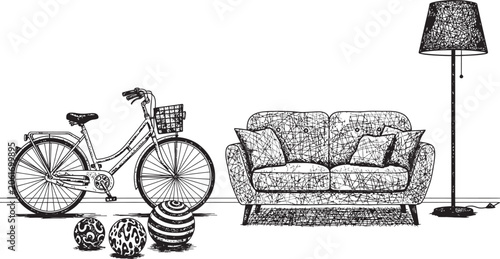 Konstfotografi A whimsical black and white sketch depicting a living room with unexpected objec