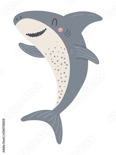 Cute little friendly shark illustration isolated. Kawaii cartoon character. Wild animal, marine, aquatic life, wildlife, nature, fauna. Kids print, design element, clip art. Hand drawn flat vector