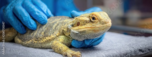 Veterinarian checks a bearded dragon in a clinic setting during afternoon hours