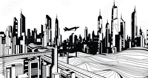 Tableau sur toile Futuristic cityscape in black and white a vision of tomorrow's urban architectur