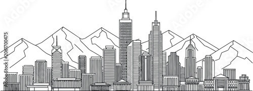 Striking skyline sketch a detailed black and white illustration of a modern cityscape with mountains