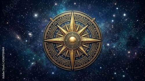 Intricate golden compass symbol overlaid on a starfilled galaxy background for navigation or celestial themes