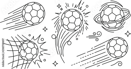 Bild auf Leinwand Soccer ball motion line art icons set featuring flying balls speed trails target