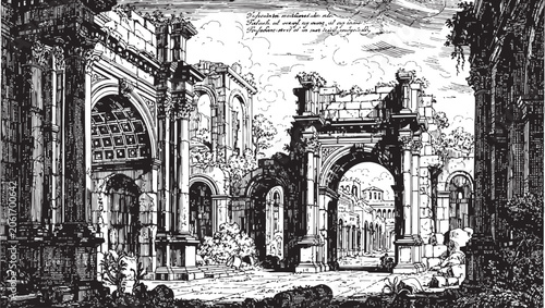 Tableau sur toile Dramatic black and white engraving of roman ruins a glimpse into ancient archite