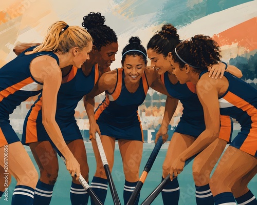 Sports diversity field hockey women team huddle illustration
