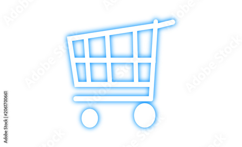 Neon shopping cart icon representing online shopping and e-commerce, ideal for retail and digital marketplace websites and applications, symbolizing consumerism and purchasing