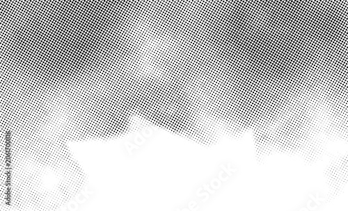 Abstract grayscale halftone effect overlayed on a soft focus nature scene possibly depicting fog or smoke obscuring a subtle landscape element
