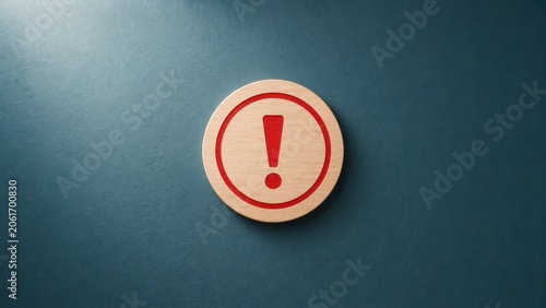 Wooden warning exclamation mark icon on dark blue textured background for alert information