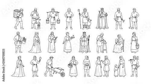 Obraz na plátně Medieval people line art set, 24 historical middle ages characters vector, vinta