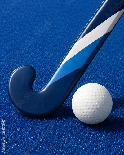 Sports field hockey stick and ball on blue turf close up