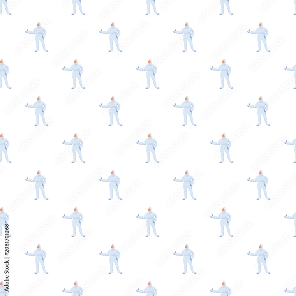 Fototapeta premium Person in full protective hazmat suit giving a thumbs up in a seamless repeating pattern