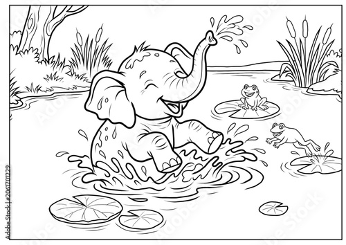 baby_elephant_pond_scene_coloring_page