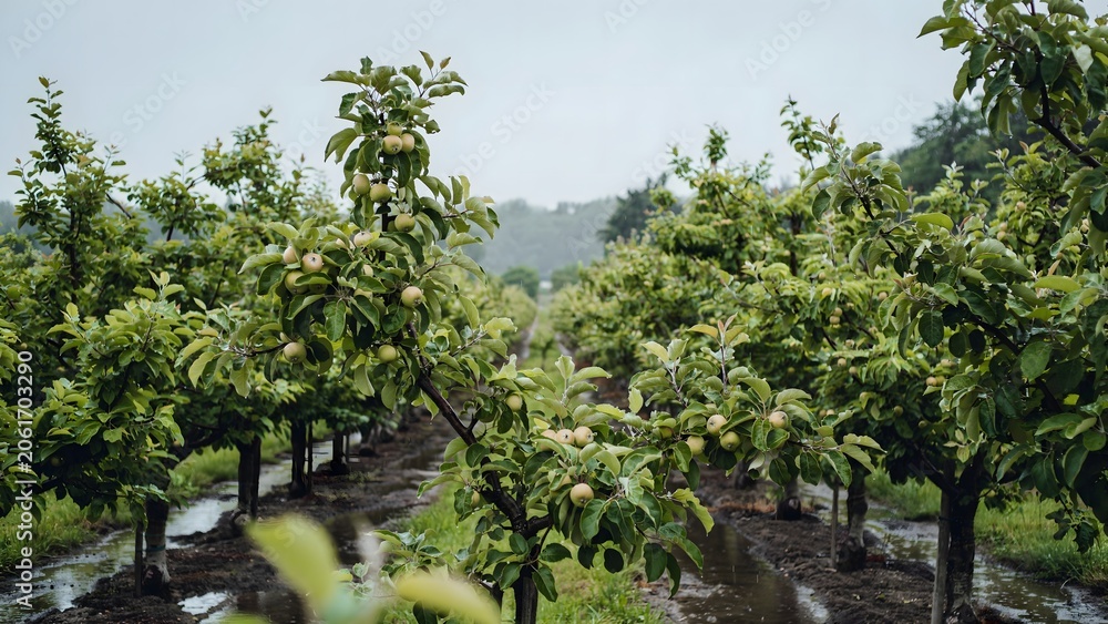 Fototapeta premium Apple Orchard with Mature Trees Bearing Fruit in Rows on a Cloudy Day