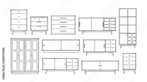 Photos Mid-century modern furniture icons set, minimalist line art cabinets and dresser