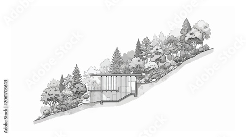 Cuadro en lienzo Architectural section drawing of a modern hillside house, minimalist forest land