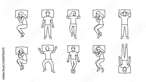 Bild auf Leinwand Minimalist sleeping positions vector set, line art icons of people sleeping in b