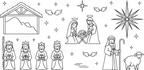 Quadro su tela Christmas nativity scene line art icons set featuring holy family stable wise me