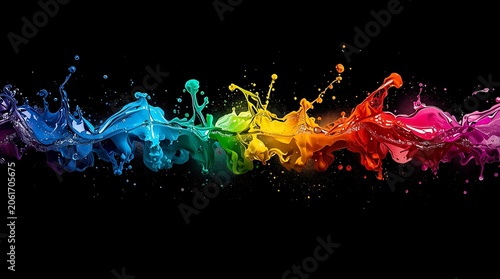 Vibrant Rainbow Splashes of Paint Against Black Background.