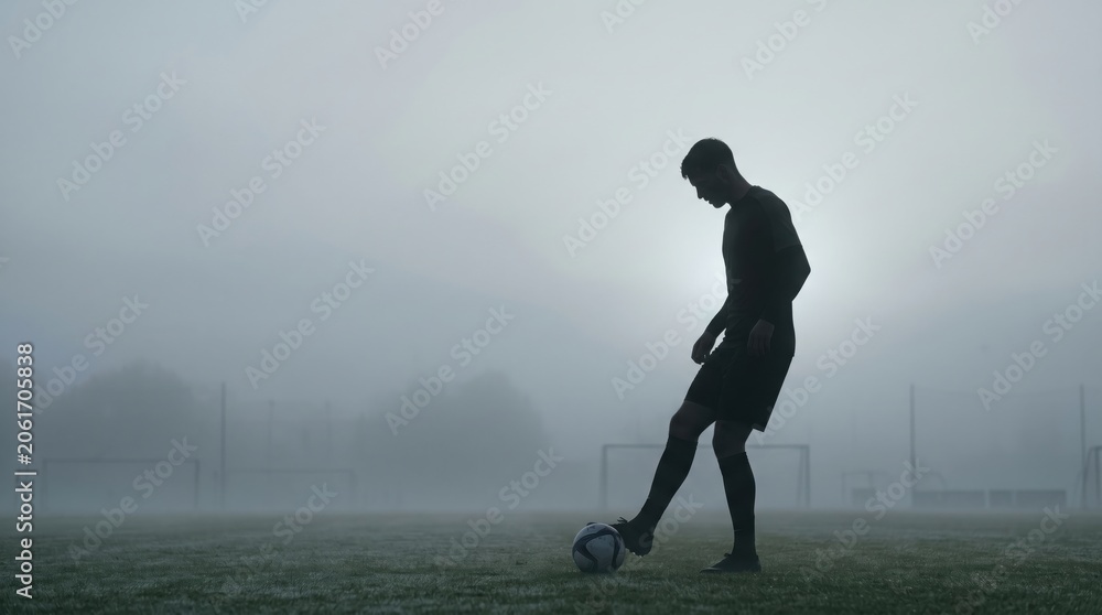 Obraz premium Silhouette of a lone soccer player practicing in a dense, atmospheric fog.