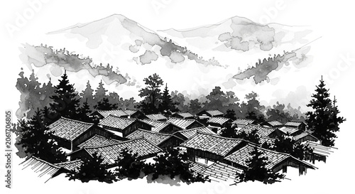 Ink sketch of a traditional mountain village with tiled rooftops and pine trees under misty peaks.