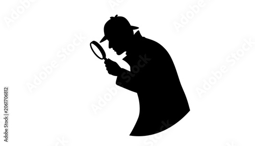 Detective silhouette examining evidence with magnifying