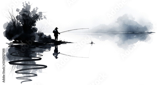 Traditional ink wash painting of a fisherman silhouette at a calm lake with reflections and misty mountains