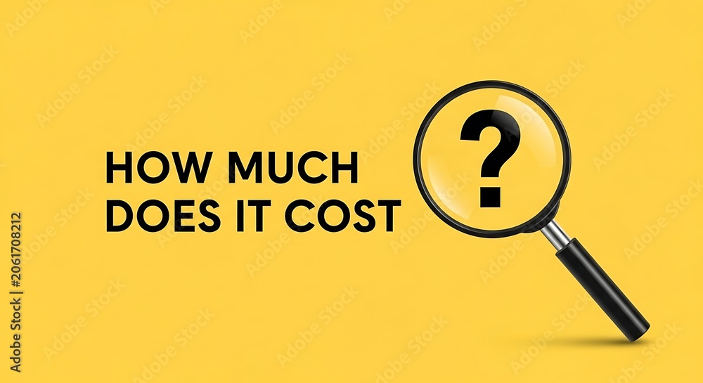 Obraz premium How much does it cost text on yellow background, magnifying glass with question mark icon, financial inquiry and pricing analysis concept