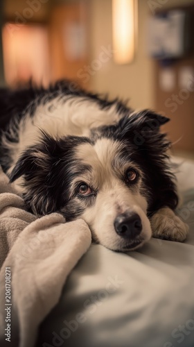 Calm border collie rests on soft blanket in quiet indoor setting during late afternoon light