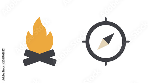 Vector icons of a combustion campfire with yellow pigments and a magnetic compass with a bisection needle