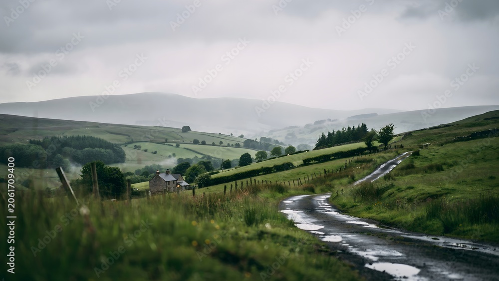 Naklejka premium Rolling countryside landscape with winding road, lush green fields, and misty hills under cloudy sky