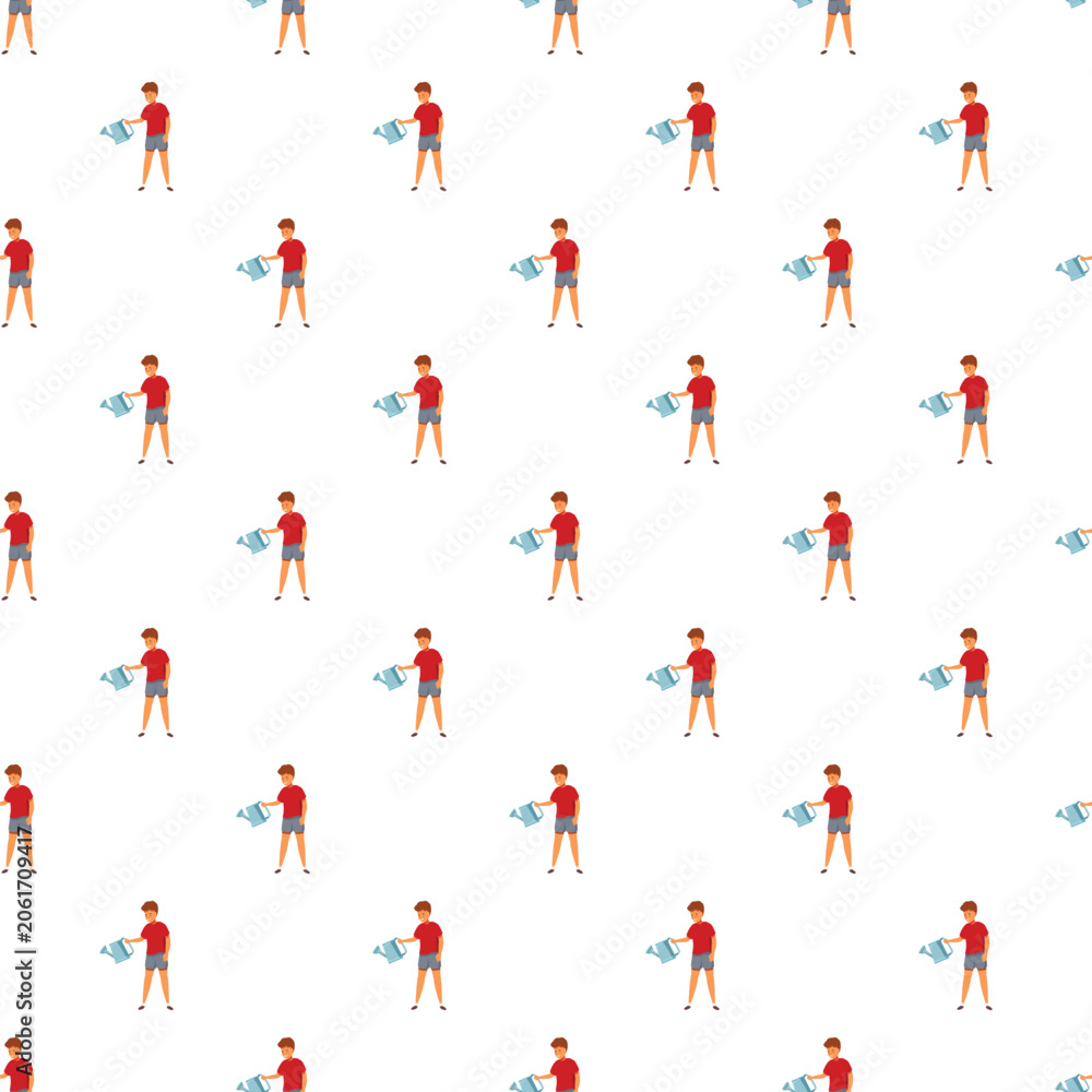 Fototapeta premium Young boy holding a watering can, creating a seamless pattern