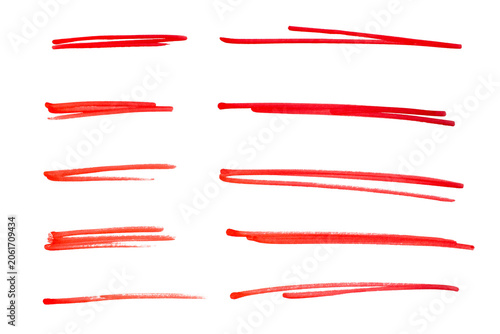 Set of hand drawn red marker line design element, grunge strokes, doodle lines underline scribble