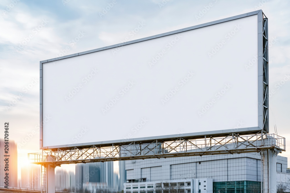 Obraz premium Large blank white billboard in a city setting with a bright sun flare and modern buildings in the background.