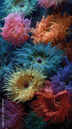 Vibrant underwater scene with colorful anemones displaying their delicate tentacles in a coral reef