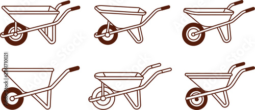 Konstfotografi Wheelbarrow icons, construction tools, gardening equipment, brown line art, vect