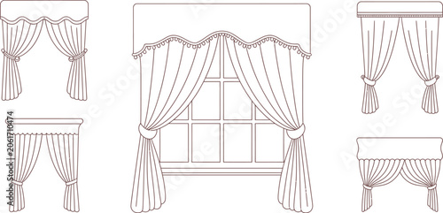 Tableau sur toile Curtain, Drapery, Window Treatment, Vector Illustrations, 5 Piece Set
