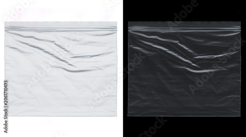 Photos Transparent plastic texture set, wrinkled polyethylene bag mockup on white and b