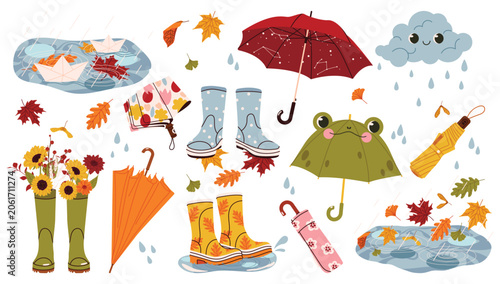 Photos Autumn rainy weather collection with umbrellas, rain boots, puddles, paper boats, falling leaves and cute cloud