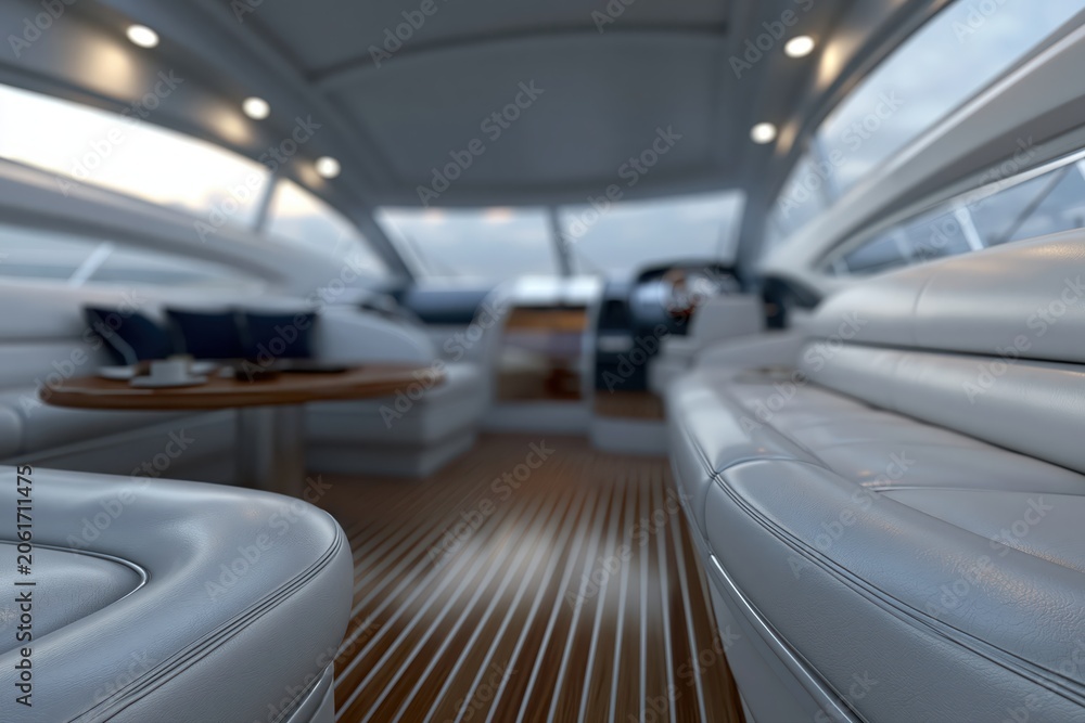 Obraz premium Luxurious yacht interior with comfortable white leather seating and polished wooden floor, offering a serene ambiance.