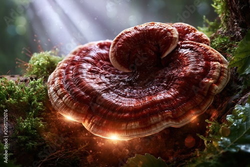 Close-up of a vibrant, glossy Reishi mushroom growing on a mossy tree trunk with ethereal light rays.