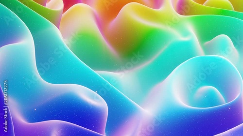 Abstract 3D Surface Animation with Displaced Waves and Soft Glow. A seamless loop showcasing a rainbow gradient and a soft, malleable material, perfect for creating a dreamy atmosphere.