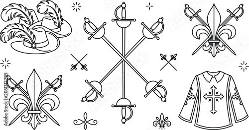 Canvas Print Musketeer Historical Icon Set Featuring Crossed Rapier Swords Cavalier Feather H