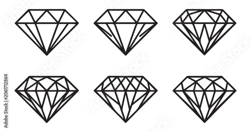 Six geometric diamond outlines on transparent background, faceted gem icons, luxury symbol, design.