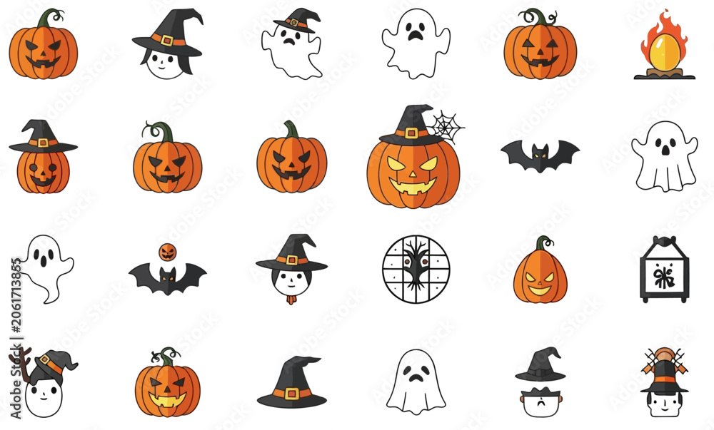 Fototapeta premium Halloween Icons: Pumpkins, Ghosts, Bats, and Witch Hats in a Festive Collection Isolated on a transparent background