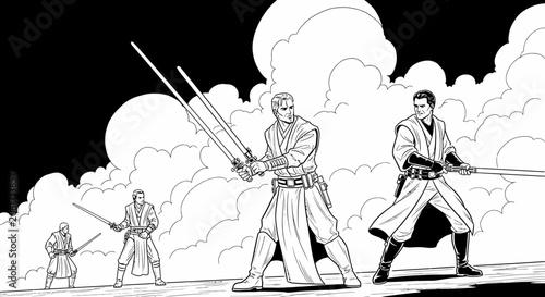 Jedi Knights Battling with Lightsabers, Epic Sci-Fi Fantasy Scene