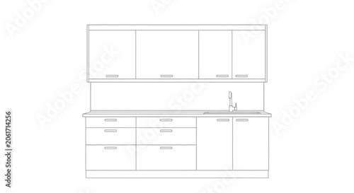 Vector illustration of a modern kitchen counter and table setup in monochrome